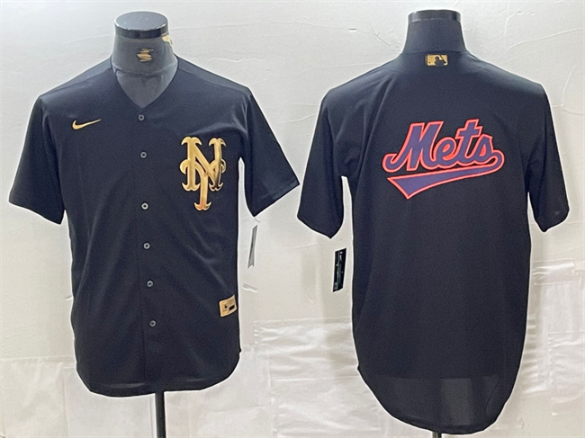 Men's New York Mets Black Team Big Logo Cool Base Stitched Baseball Jersey